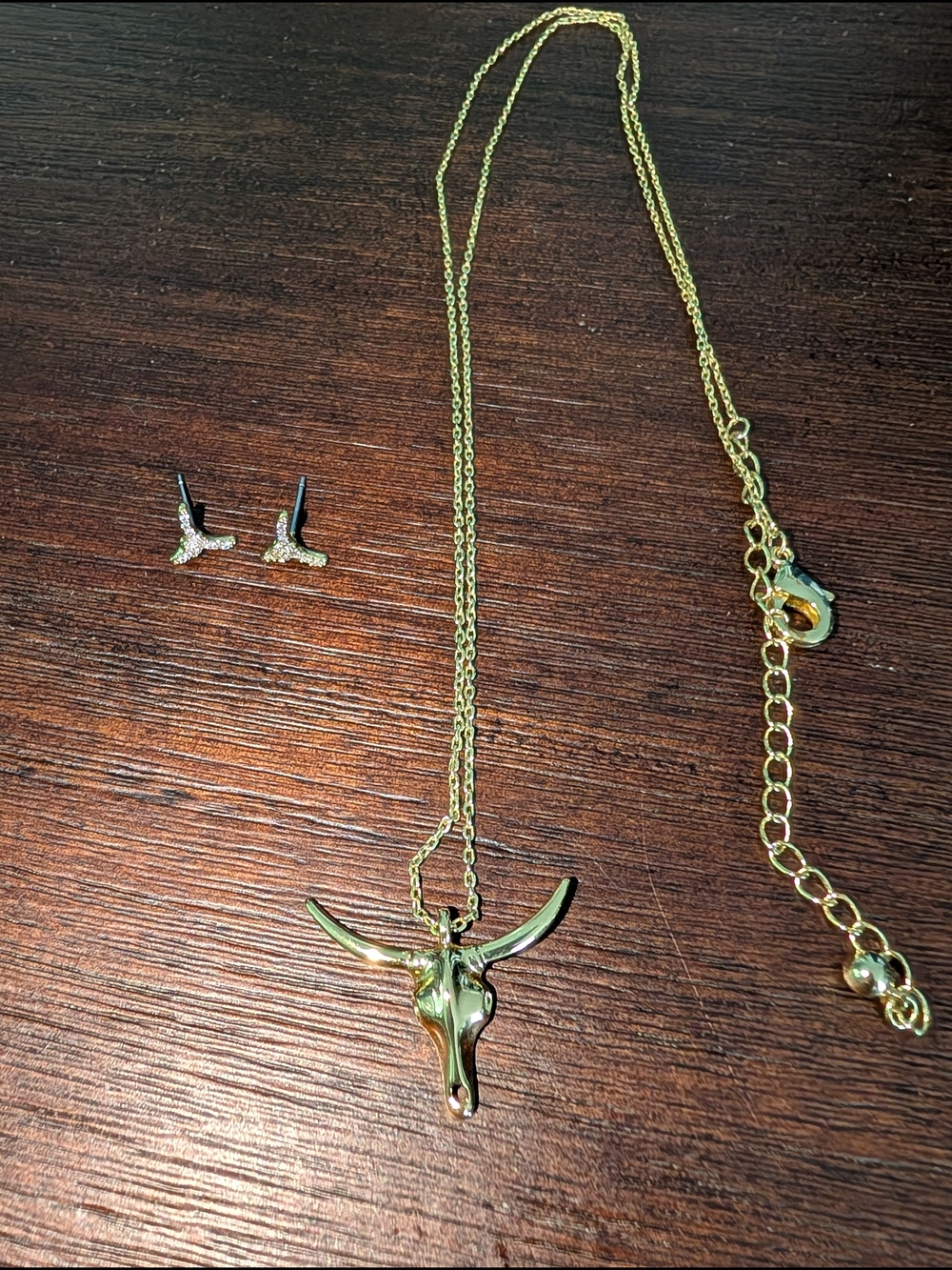 Gold Longhorn Pendant Necklace And Earrings Set- Women Jewelry